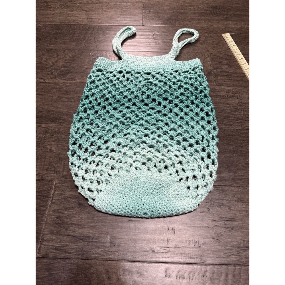 Hand Crochet Market Handle Tote Bag Turqouise‎ Elongated Handmade